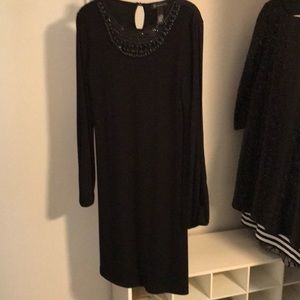 EUC “INC” BLACK COCKTAIL DRESS. EMBELLISHED NECKLINE LONG SLEEVES W/ELASTIC HEM